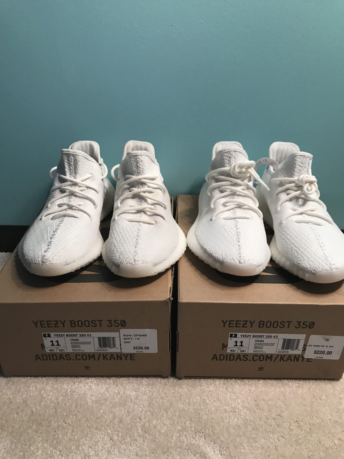 Two pairs of Yeezy Boost 350 V2 Cream White
