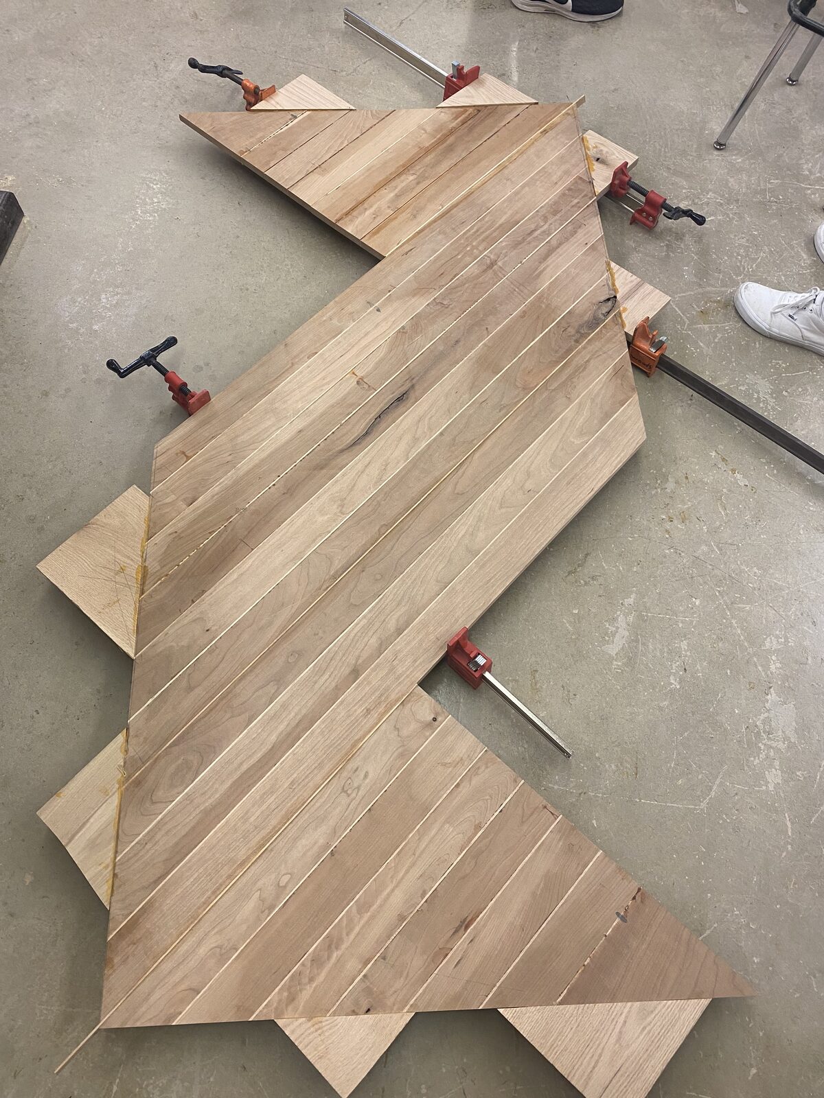 Chevron tabletop glue-up in clamps